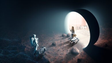 Astronaut on foreign planet in front of spacetime portal light