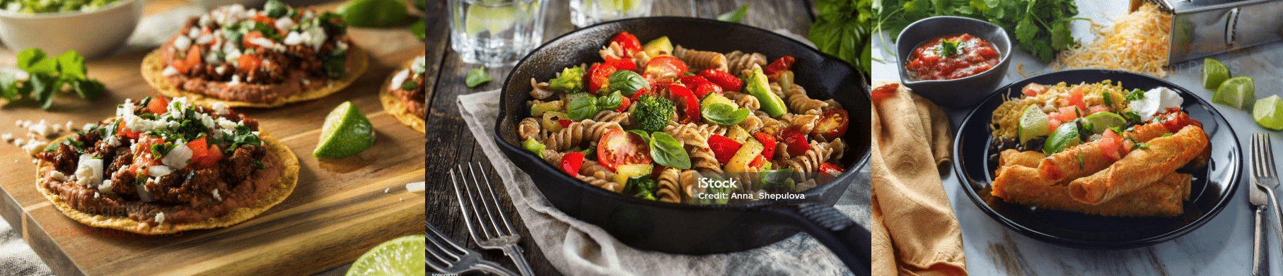 Tostadas de carne con guacamole, Pasta con verduras en mantequilla y Taquitos de pescado a la mexicana